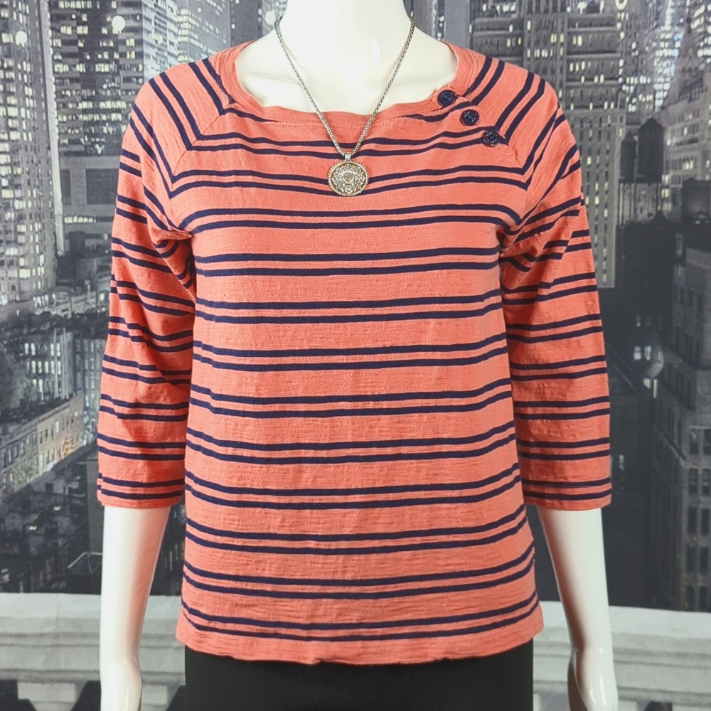 Joe Fresh sz M 100% Cotton Striped 3/4 Sleeve Top with Button Accents.